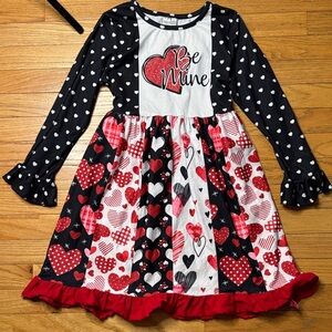 Heart Patterned Girls Dress - Black, Red, White